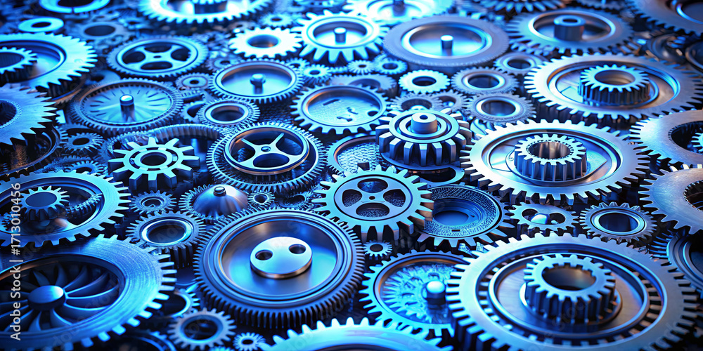 Poster interconnected metal gears fill the space with a variety of sizes and patterns. the blue lighting hi