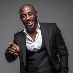 Confident businessman portrait in elegant black tailored suit and white shirt, smiling with pointing gesture, isolated light grey background corporate style