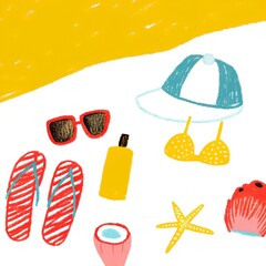 sandy background, beach cap, sunglasses, flip-flops, sunscreen cream bottle, seashells and coconut drink, bright pastel illustration style
