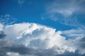 Overcast white clouds set against a bright blue sky