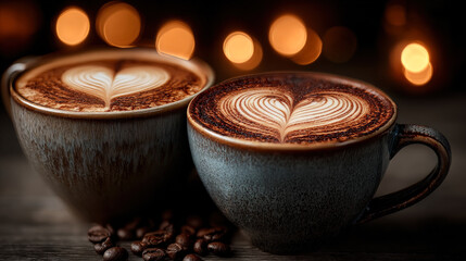 Two cups of latte art with heart shapes in cozy warm lighting, perfect for romantic coffee moments or cozy cafe vibes.
