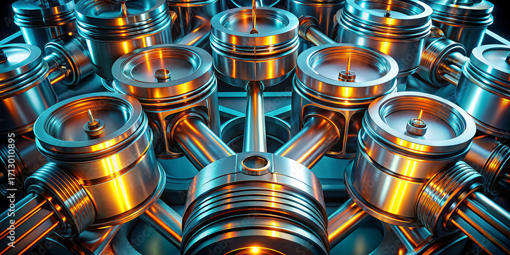 Poster metallic engine pistons are arranged in a geometric pattern, showcasing shiny surfaces and reflectio
