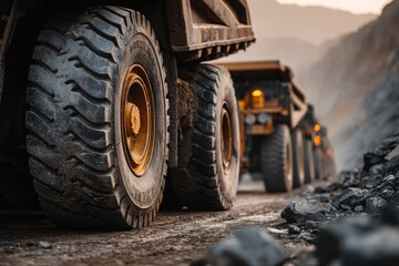 Heavy industrial dump truck tires on a dusty quarry road, mining equipment.