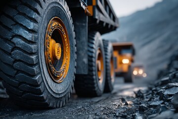 Close-up of massive mining truck wheels on a rugged industrial site with other heavy vehicles.
