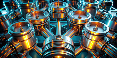 Metallic engine pistons are arranged in a geometric pattern, showcasing shiny surfaces and reflections under bright lighting. The scene highlights engineering precision and design complexity