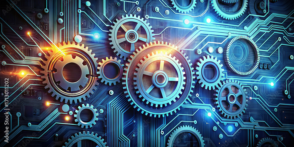 Aufkleber a collection of metallic gears intermingles with a circuit board pattern, showcasing the blend of ma