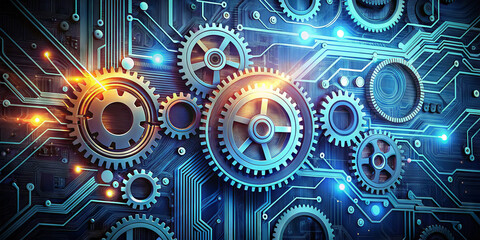 Fototapeta premium A collection of metallic gears intermingles with a circuit board pattern, showcasing the blend of machinery and technology. Bright lights illuminate the design, reflecting innovation