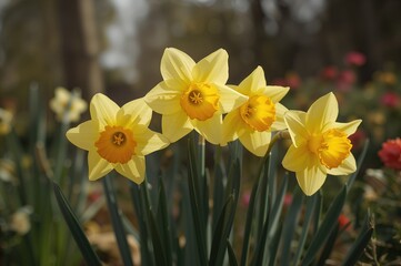 Close-up view of blooming miniature daffodil flowers in a garden