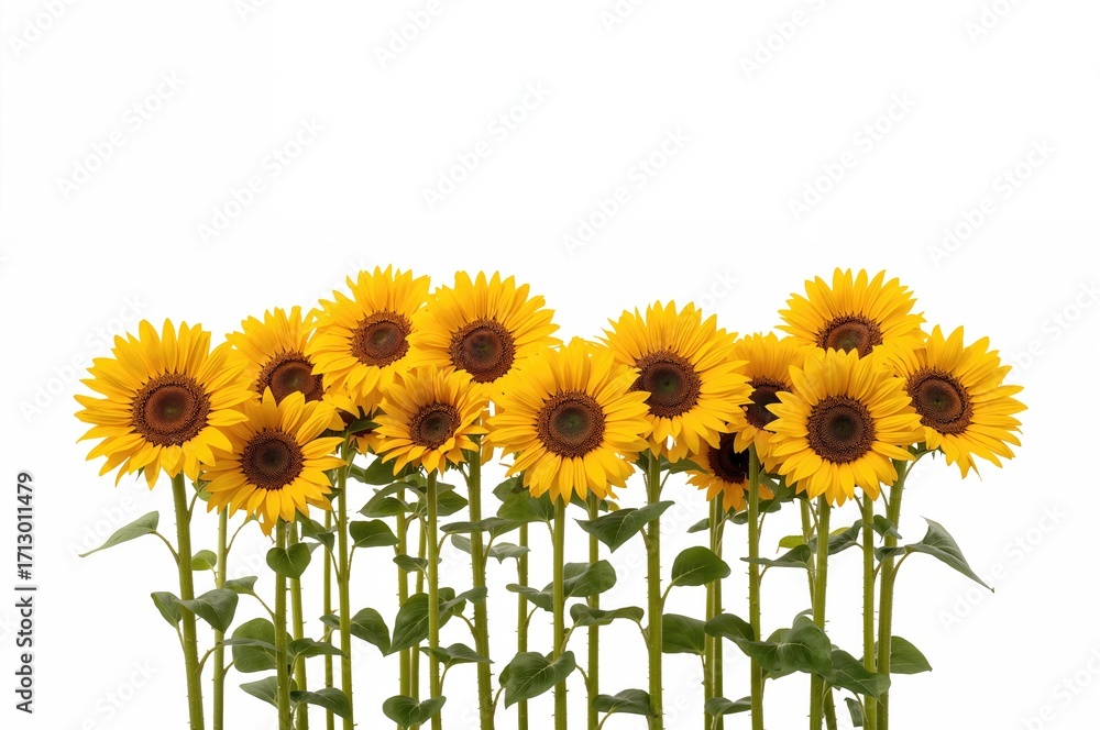 Poster sunflowers in full bloom set against a white backdrop with a clipping path.