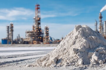 Raw industrial material pile with a blurred chemical processing plant.