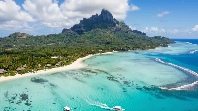 Aerial view of bora bora island with turquoise lagoon and lush green mountain