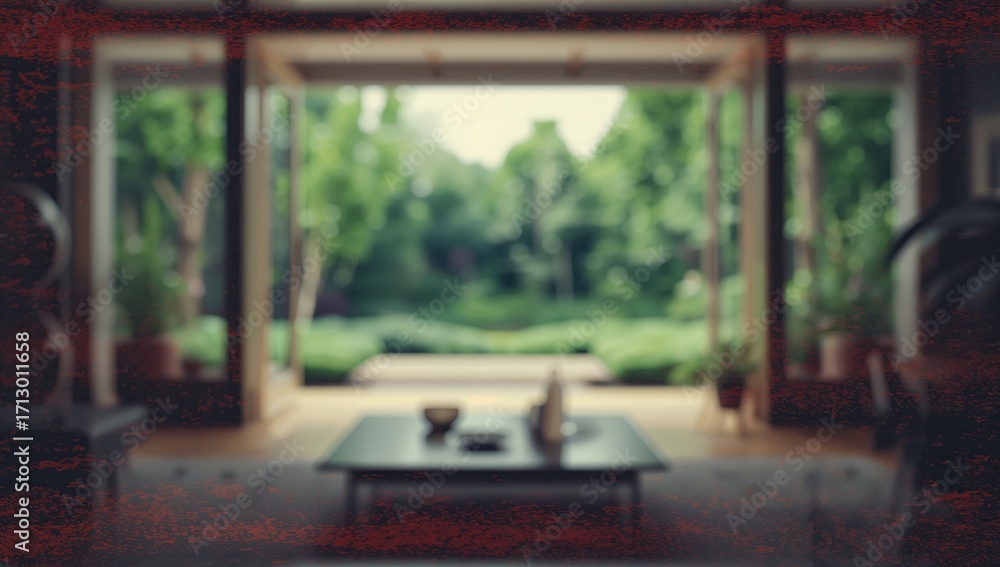 Poster blurred green foliage seen through window creating an abstract natural backdrop in living space
