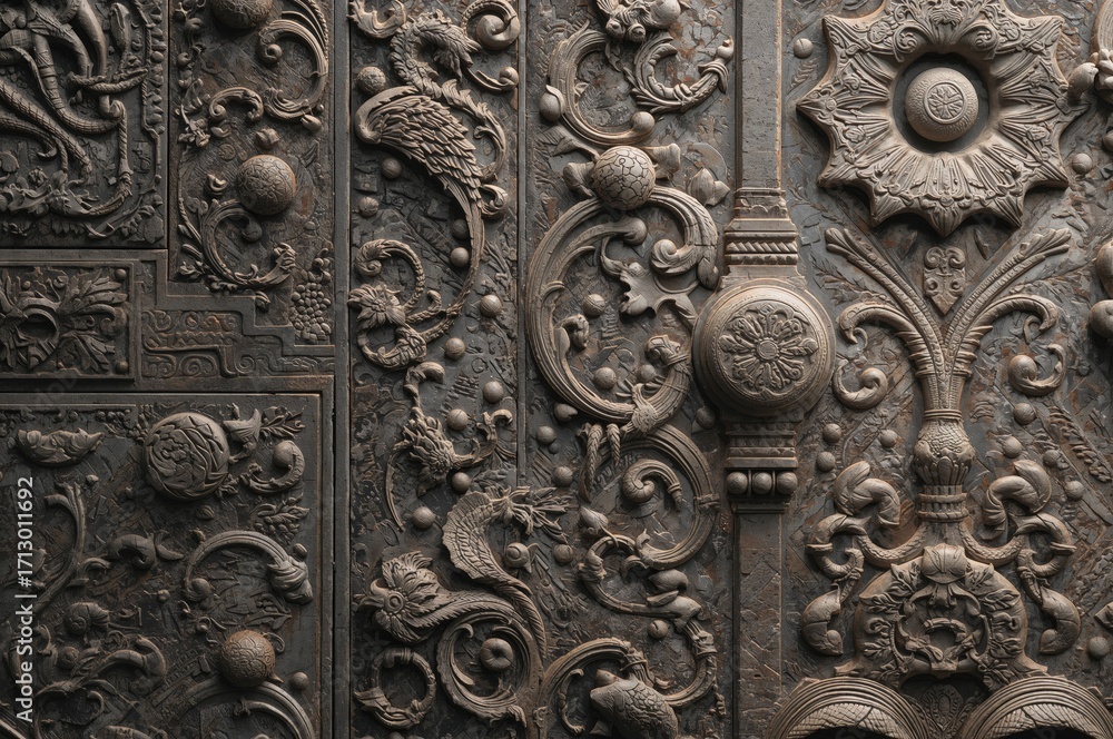 Poster building facade featuring raised textured design with structural and ornamental details