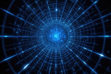 Fototapeta premium Futuristic 3D tunnel made of wireframe grids in blue hues