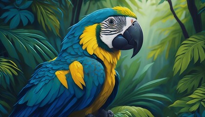 blue and yellow macaw in rainforest made with generative ai