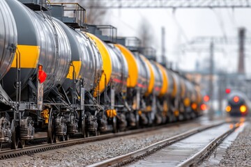 Fototapeta premium Freight train, grey and yellow tank cars, moving on industrial tracks.