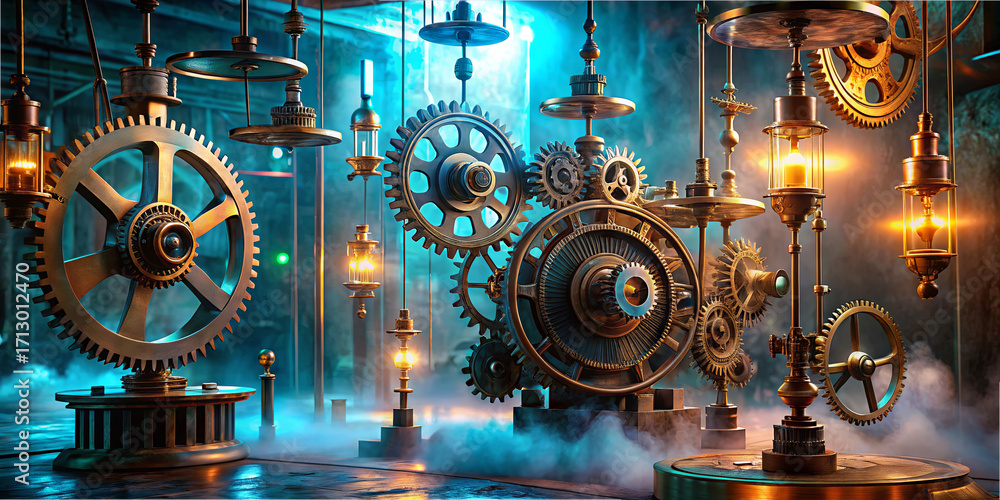 Poster an imaginative arrangement of steampunk gears and lanterns fills a dimly lit workshop. the scene fea