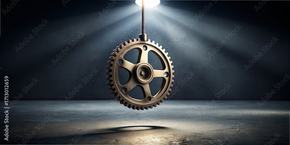 Poster a metal gear hangs from a ceiling fixture, illuminated by a bright light above. the background is da