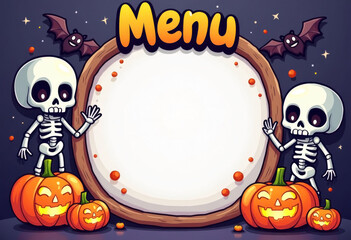 Cartoon halloween mockup with empty space for text and the word menu in a spooky comic font, surrounded by funny skeletons, bats and jack-o-laterns in a bright kidfriendly illustration