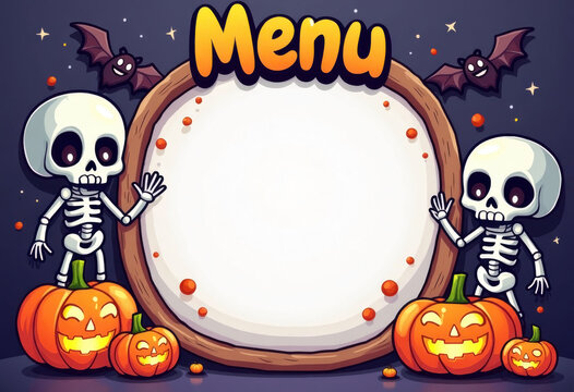 Cartoon halloween mockup with empty space for text and the word menu in a spooky comic font, surrounded by funny skeletons, bats and jack-o-laterns in a bright kidfriendly illustration