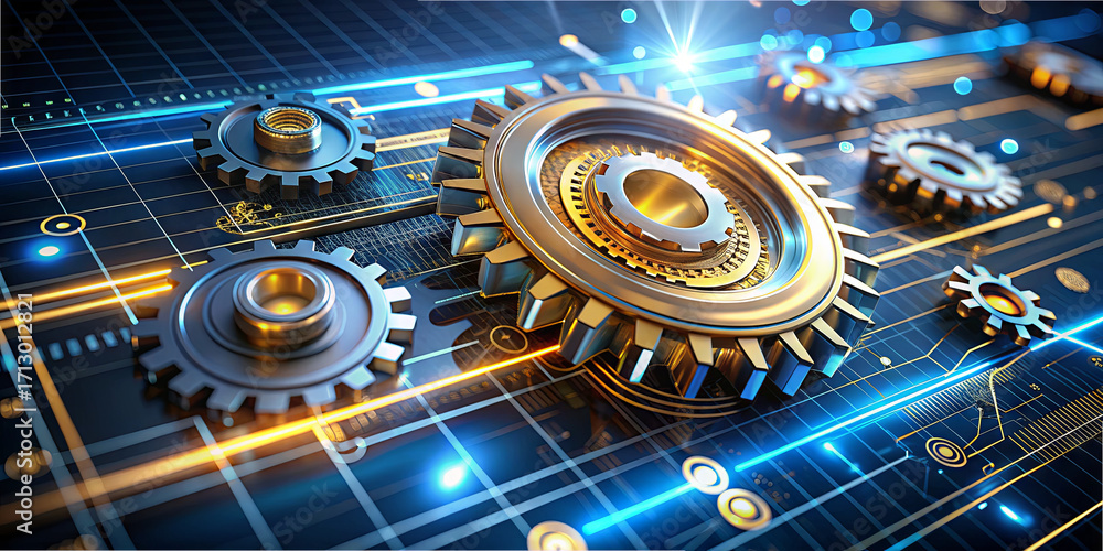 Poster golden gears interlock with glowing digital circuits, highlighting the connection between mechanical