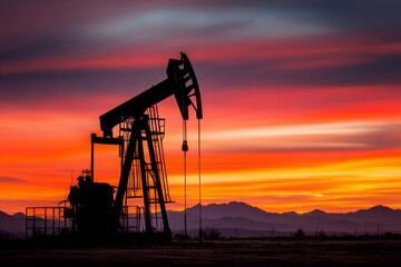 Dramatic oil pumpjack silhouette against a fiery red and orange sunset sky.