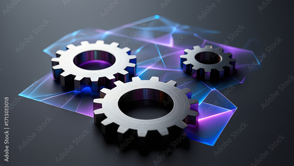 Poster three metallic gears sit on a sleek, modern surface featuring glowing neon patterns. the setting is 