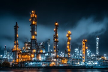 Obraz premium A vast industrial refinery glowing brightly at night with rising steam.