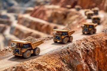Obraz premium Heavy-duty dump trucks transporting raw materials in a vast open-pit mine.