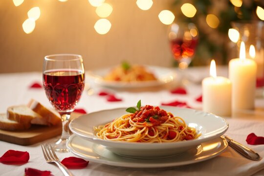 Table set for a romantic dinner with spaghetti, red wine glasses, flickering candles, and scattered rose petals, creating an intimate atmosphere for two people