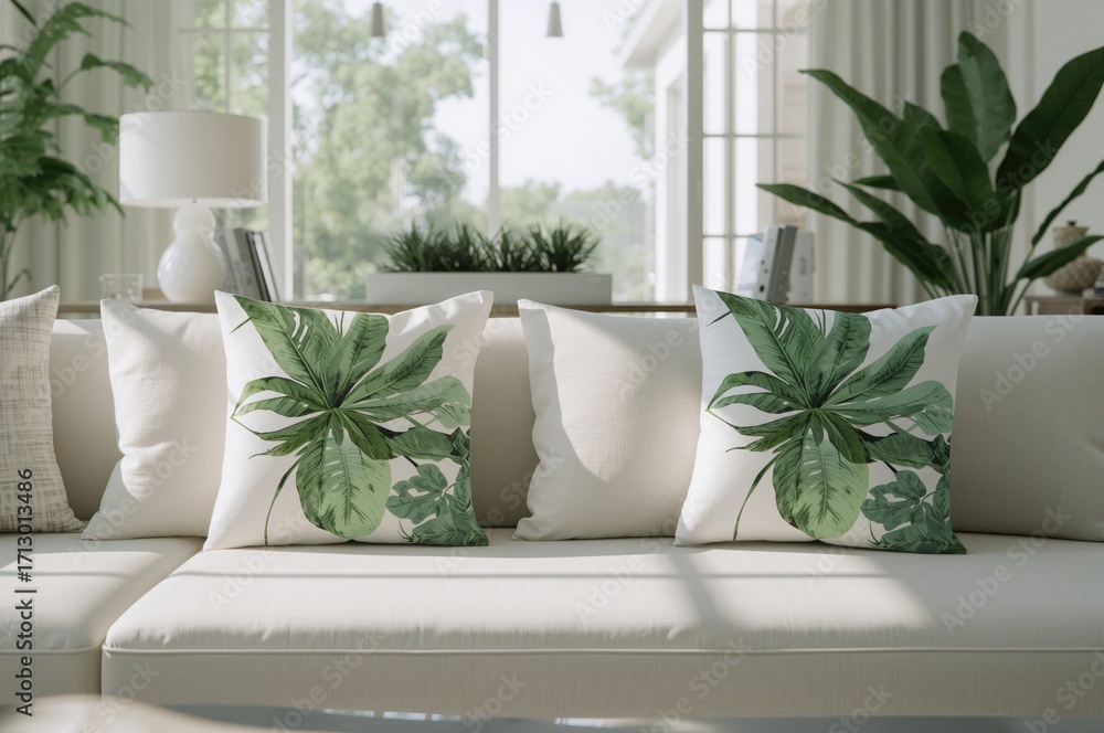 Poster a collection of white cushions featuring leaf patterns arranged on a sofa