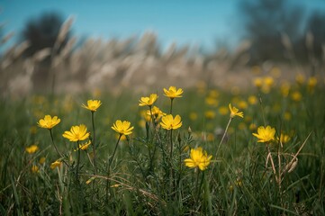 Obraz premium A meadow of buttercup flowers with stems and leaves in a soft, blurred background