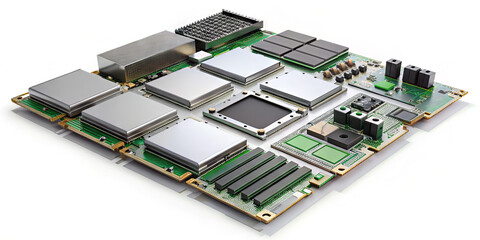 Obraz premium Sophisticated electronic board featuring multiple processors, memory modules, and advanced connectivity options designed for high-performance computing tasks and applications