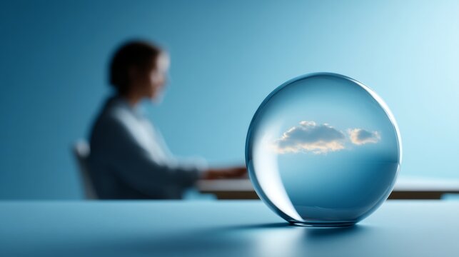Businesswoman working at her desk, gazing at a clear crystal ball showcasing a cloud, representing the future of cloud computing, technology vision, and business strategy - Powered by Adobe