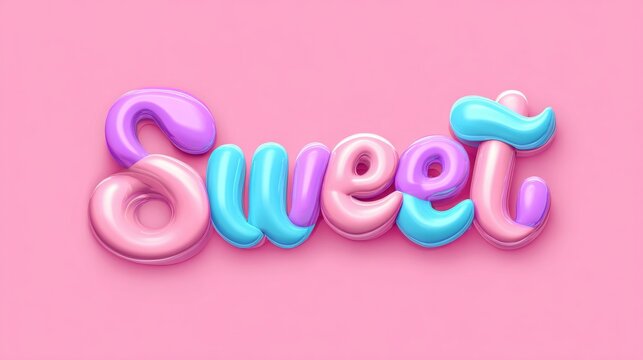 Sweet typography in a playful 3d rendering with pastel colors, featuring glossy bubbly letters on a pink background, expressing concepts of childhood, fun, and treats