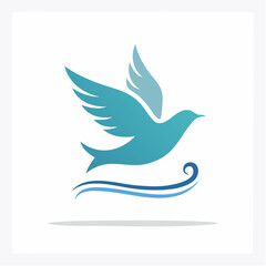 Elegant blue dove icon soaring over stylized waves, evoking freedom and serenity