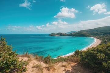 Fototapeta premium Coastal sandy shore with clear skies and blue sea in summer