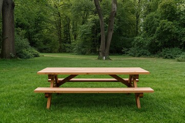 Fototapeta premium Empty wooden table in a lush green park, perfect for design space