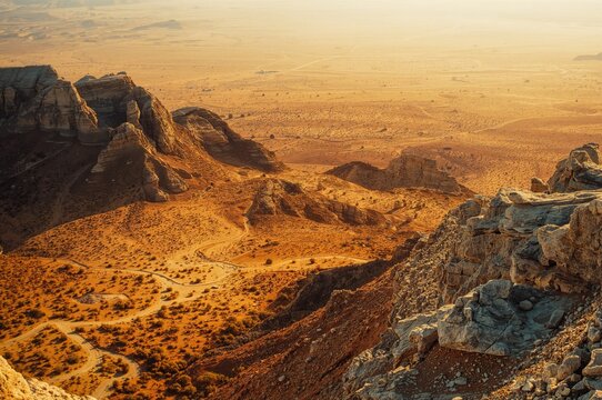 Wide-angle shot of a natural desert reserve featuring rocky mountains and expansive valleys