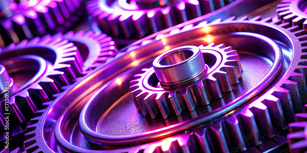 Poster vibrant metallic gears are organized in a precise layout. the play of light enhances their textures,