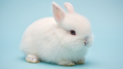 Obraz premium White fluffy bunny sitting calmly on a pastel blue background, symbolizing innocence, spring, and easter celebrations, a charming pet animal portraying domestic companionship