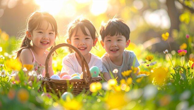 Easter egg hunt celebration  Colorful spring festival hidden eggs basket joyful children playing