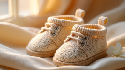 Knitted baby booties resting on a soft fabric, symbolizing new beginnings, expectation, parental love, and the joy of welcoming a newborn into the family