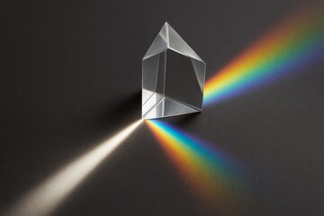 Clear glass prism dispersing white light into rainbow spectrum on dark background, showcasing light refraction and optical science concept