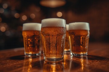 Close-up of four beer glasses lined up on a bar counter.
