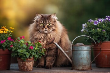 A soft brown feline sits beside garden pots and watering tools among greenery.