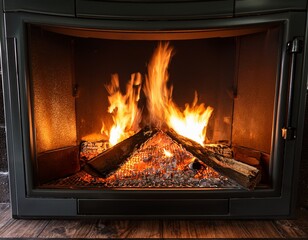 a wood burning stove radiates intense flames casting a warm glow in a dark room