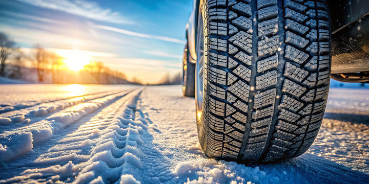 Tire tracks lead through a snowy landscape as the sun sets, illuminating the winter scene. The vehicle is ready for safe travel in cold conditions