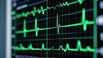 Fototapeta premium Green ecg waves showing heartbeat on a medical monitor, representing health care, vital signs, pulse, cardiology, and emergency hospital care monitoring