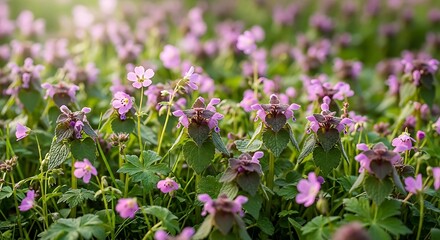 Fototapeta premium A field of purple flowers in soft sunlight, with green leaves and stems